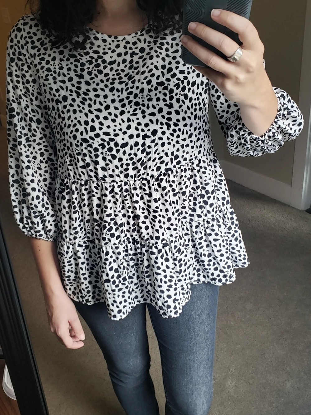 mts Black and White Dalmatian Print Peplum Blouse